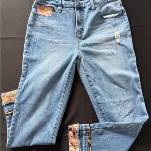Chico’s Women’s Stretch Denim Jeans Floral Cuff Distressed Straight Leg Size: 2